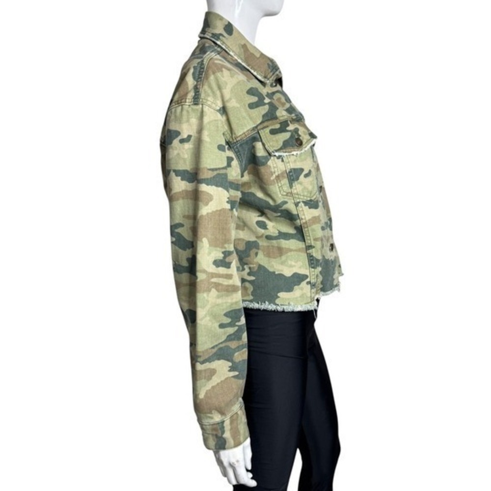 Free People Camo Cropped Denim Jacket Green Camouflage Raw Hem Small - Picture 4 of 7